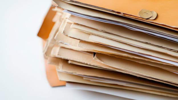 Documents stacked in a file on a work surface photo