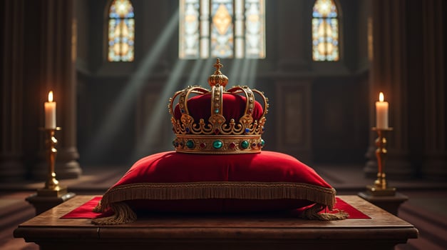 Crown on Pillow in Church Interior photo