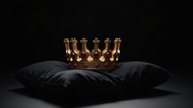 Gold Crown with Red Jewels on Black Pillow photo