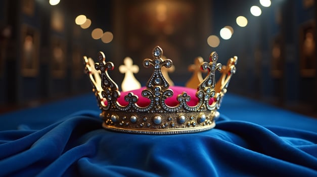 Golden Crown with Gems on Blue Velvet Cloth photo