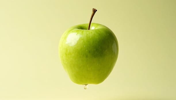 Single Green Apple With Stem and Water Droplet on Yellow Background photo