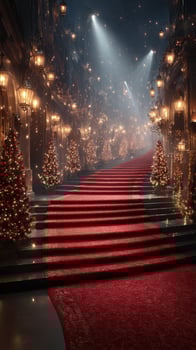 Elegant Christmas hallway with festive trees and red carpet leading to a magical celebration photo