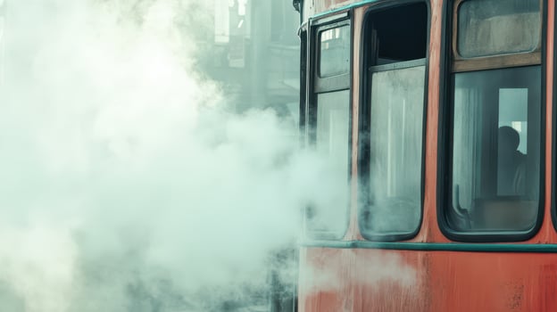 Steam billows from vintage train at station photo
