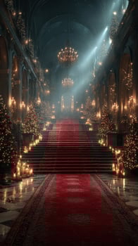 Magical Christmas evening in an opulent hall adorned with festive decorations and glowing candles photo