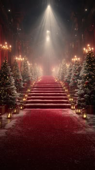 Elegant staircase adorned with Christmas trees and warm lanterns during a festive celebration at a grand venue photo