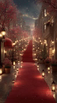 Elegant street adorned with red carpet and lanterns under a starry sky in a charming evening setting photo
