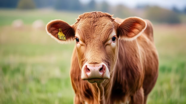 Brown cow in green pasture by day photo