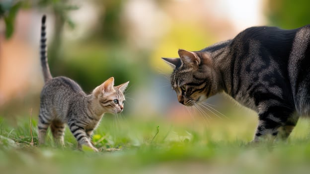 Kitten and adult cat playing together photo