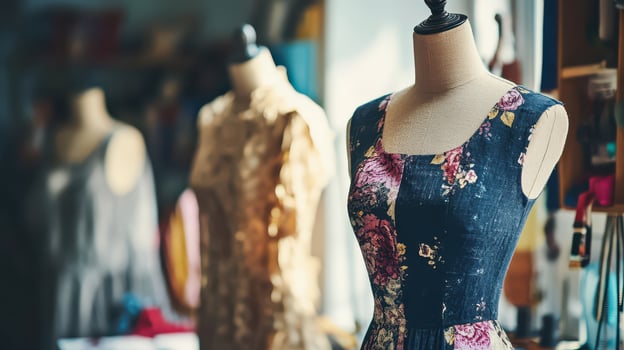 Beautiful floral dress designs in a sewing studio photo