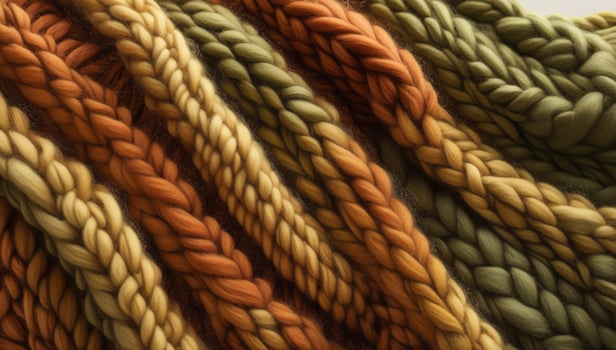 Close-up of assorted yarn fibers in autumnal shades featuring soft braided texture photo