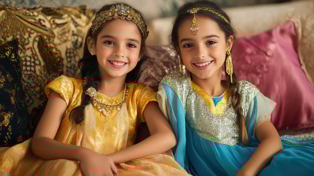 Girls in vibrant traditional dresses celebrate photo