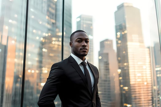 Confident businessman posing in modern office building with city view photo