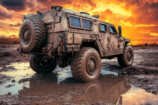 Military vehicle covered in mud driving on a muddy road at sunset photo