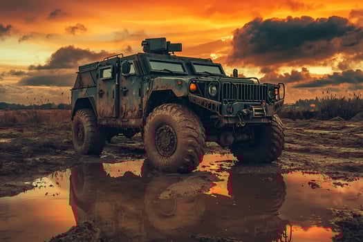 Military vehicle conquering muddy terrain at sunset photo