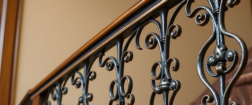 close up of a metal railing with a wooden hand rail photo