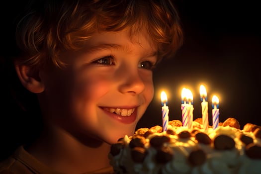 Little boy smiling at birthday cake with lit candles in dark room photo