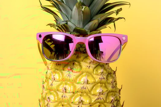 Ripe pineapple wearing pink sunglasses on yellow background photo