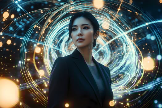 Businesswoman embracing future technologies in innovative digital environment photo