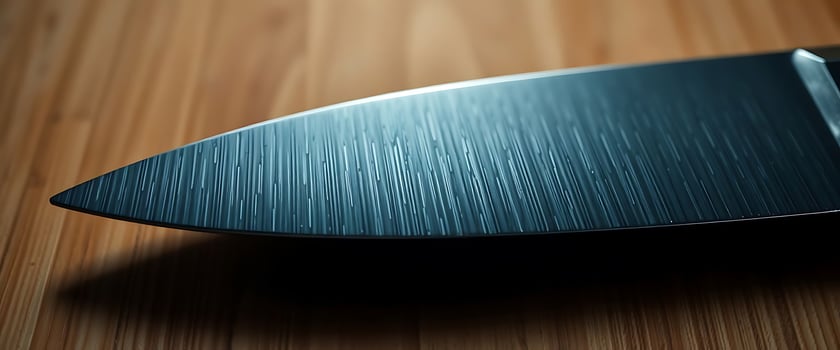 black knife sitting on top of a wooden table photo