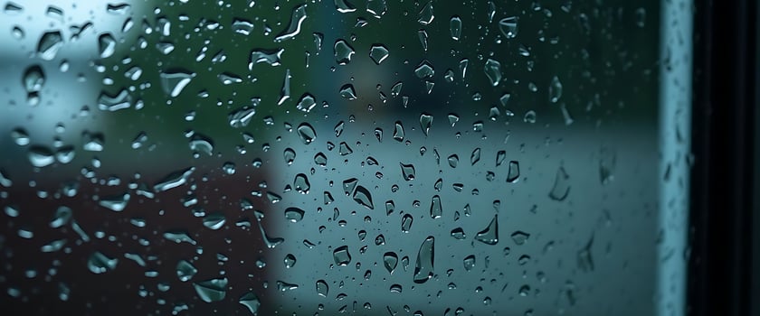 rain drops on a window with a blurry building in the background photo