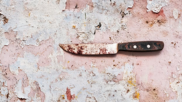 Knife resting on weathered wall with peeling paint photo