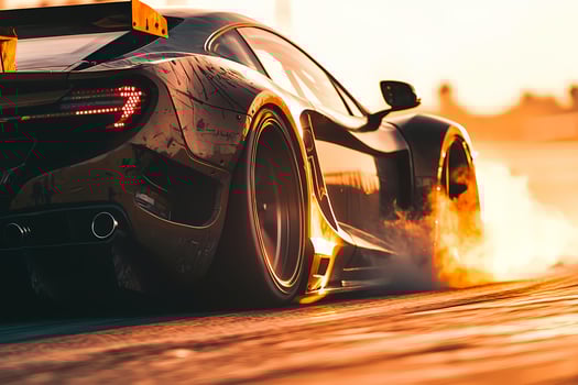 Sports car burning rubber on a track at sunset photo