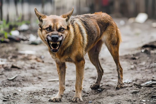 Angry brown dog showing teeth and growling outdoors photo