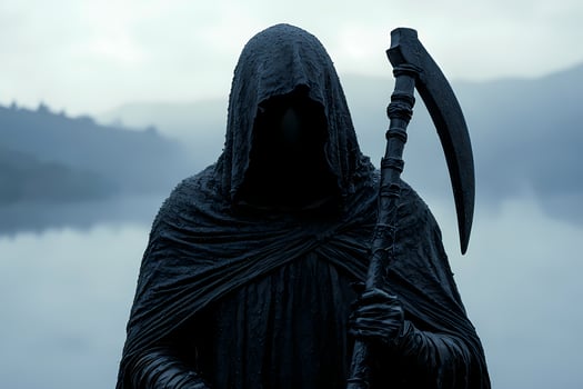 Angel of death holding scythe in a foggy landscape photo
