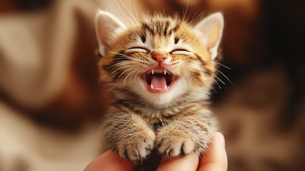Cute yellow kitten laughing happily photo