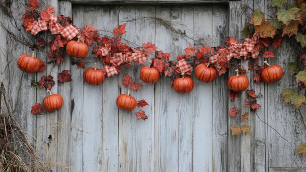 Autumnal Garland of Mini Pumpkins and Leaves on Rustic White Wooden Door photo