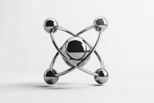 3D Render of Metallic Atom Model with Shiny Chrome Spheres photo