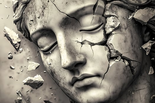 Crumbling statue symbolizing lost civilization and decaying history photo