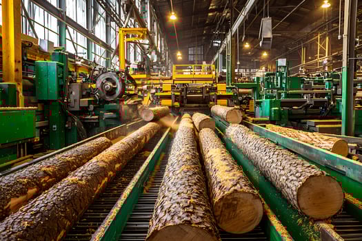 Sawmill processing raw timber logs into lumber, industrial automated machinery cutting wood photo