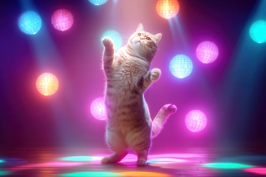 A cat stands on its hind legs, appearing to dance under colorful, vibrant stage lights with a bright, playful atmosphere. The scene has a lively, energetic mood. No text visible photo