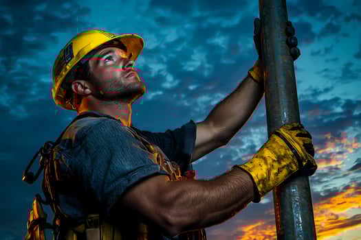 Oil rig worker installing a pipe at sunset photo