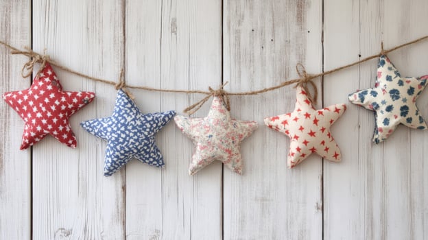 Red Blue Fabric Stars Hanging on White Wooden Background photo