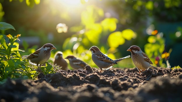 Sparrows foraging in a garden during golden hour surrounded by lush greenery and blooming flowers photo