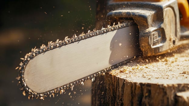 Chainsaw cutting through a tree trunk, surrounded by flying wood chips in bright sunlight photo