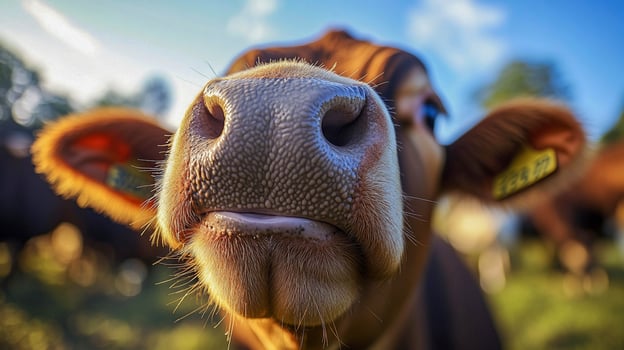 Close-up view of a curious cow in a sunlit pasture during afternoon hours in rural landscape photo