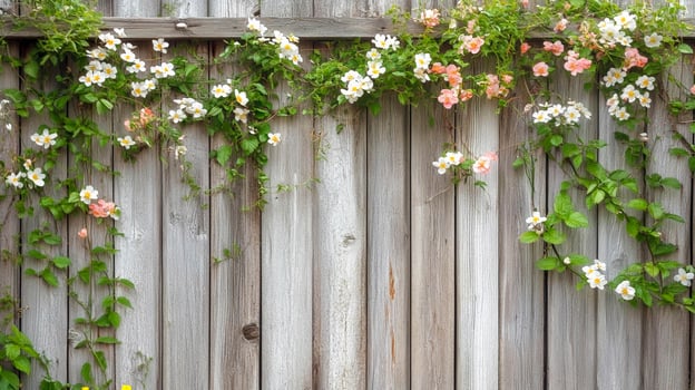 Colorful flowers bloom along a rustic wooden fence in a serene garden setting photo