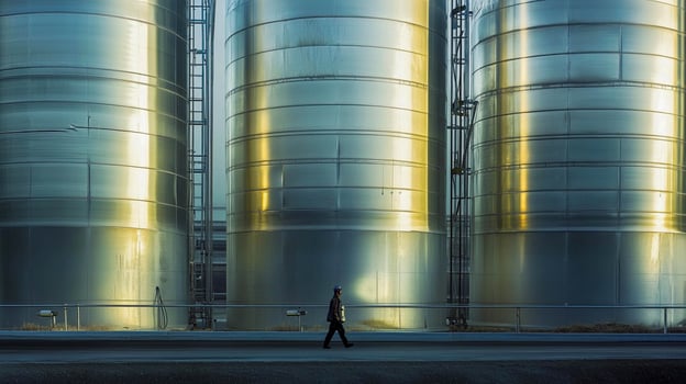 Worker walking near large metallic storage tanks at an industrial facility in early morning light photo