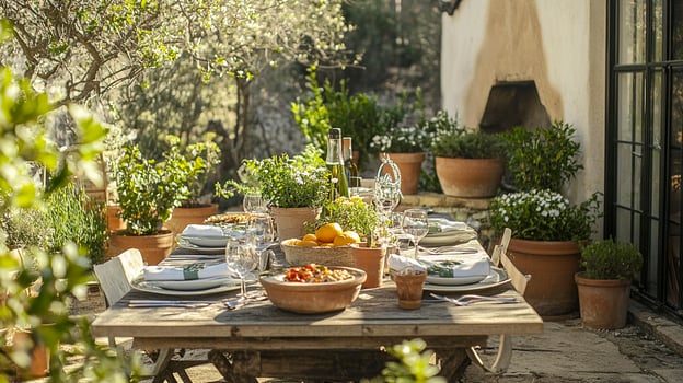 Outdoor dining setup with delicious food and elegant tableware in a beautiful garden setting during golden hour photo