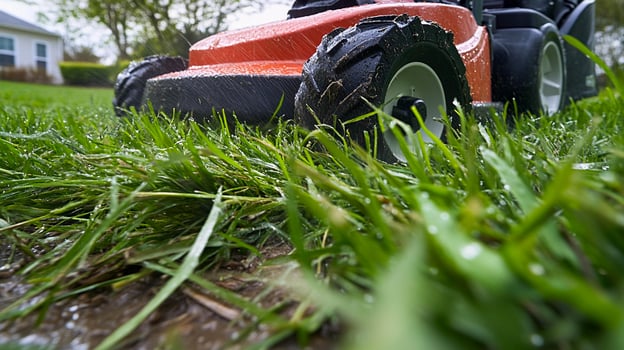 Lawn mower cutting fresh grass in a residential backyard during a sunny afternoon photo