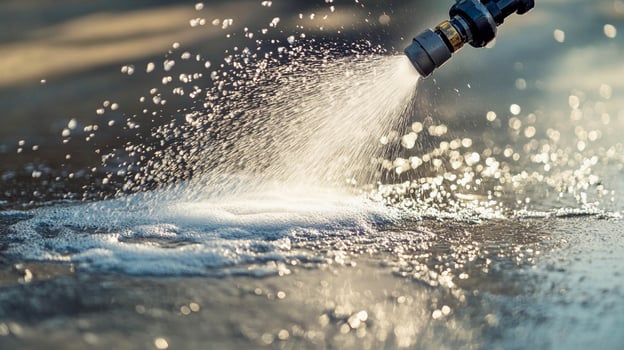 Water spraying from a hose onto a wet surface in the afternoon sunlight creating bubbles and droplets photo