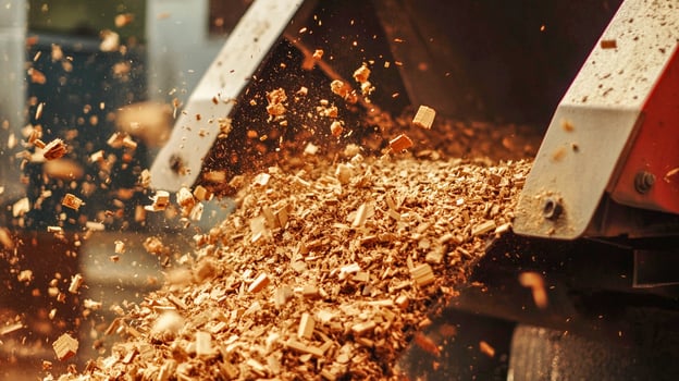 Wood chips ejected from machinery at a lumber processing facility in the forest photo