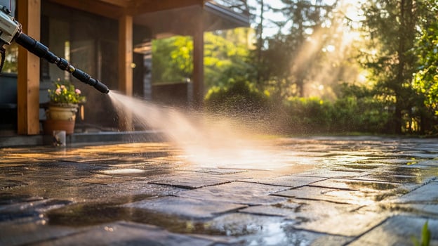 Pressure washing a stone patio in the sunlight with lush greenery surrounding the area photo