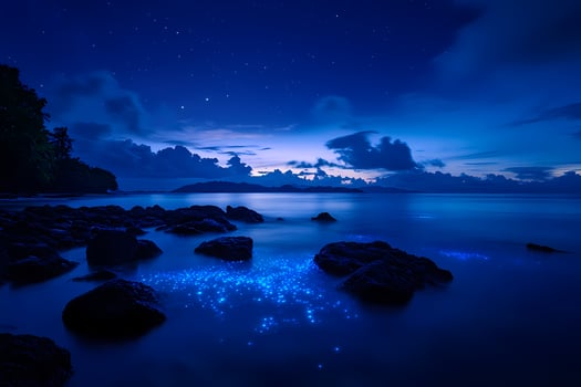 Bioluminescent plankton glowing in the ocean at twilight under a starry sky photo