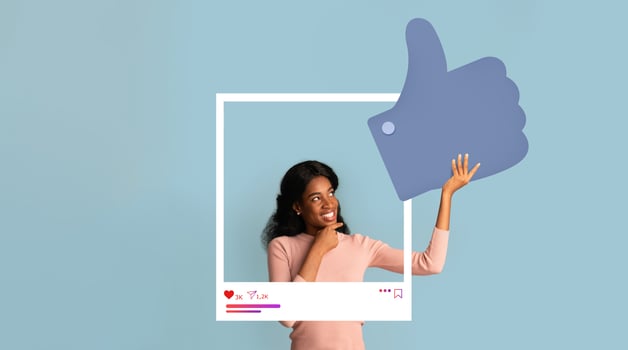A woman poses confidently while interacting with a social media frame. photo