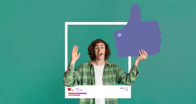 A young adult with curly hair holds up a thumbs up gesture against a vibrant green background. They are expressing excitement about their online content, showcasing engagement and positivity. photo