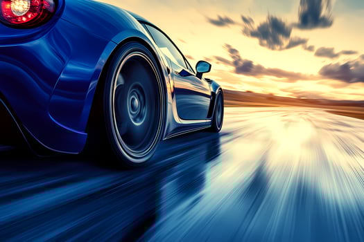 Blue sports car speeding on a wet track at sunset photo